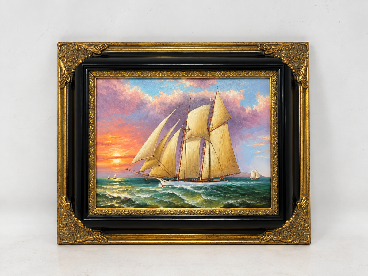 Golden Sails at Dusk – Framed Seascape Oil Painting