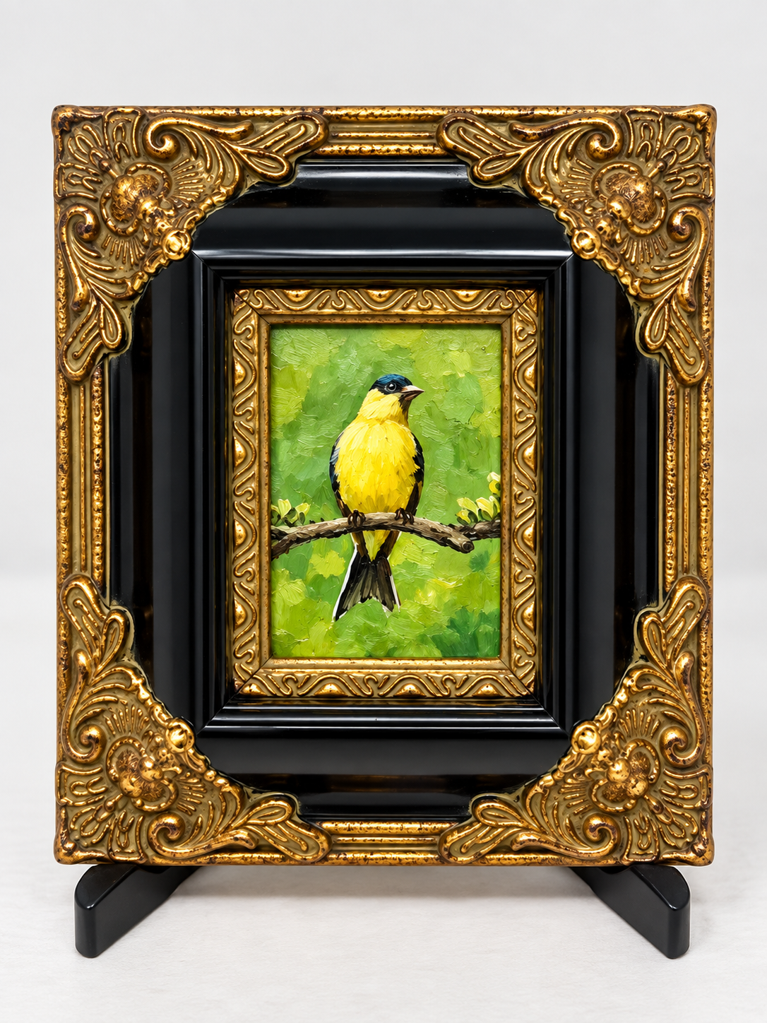 Golden Songbirds | Pair of Framed Bird Oil Paintings | $250 Pair / $150 Each