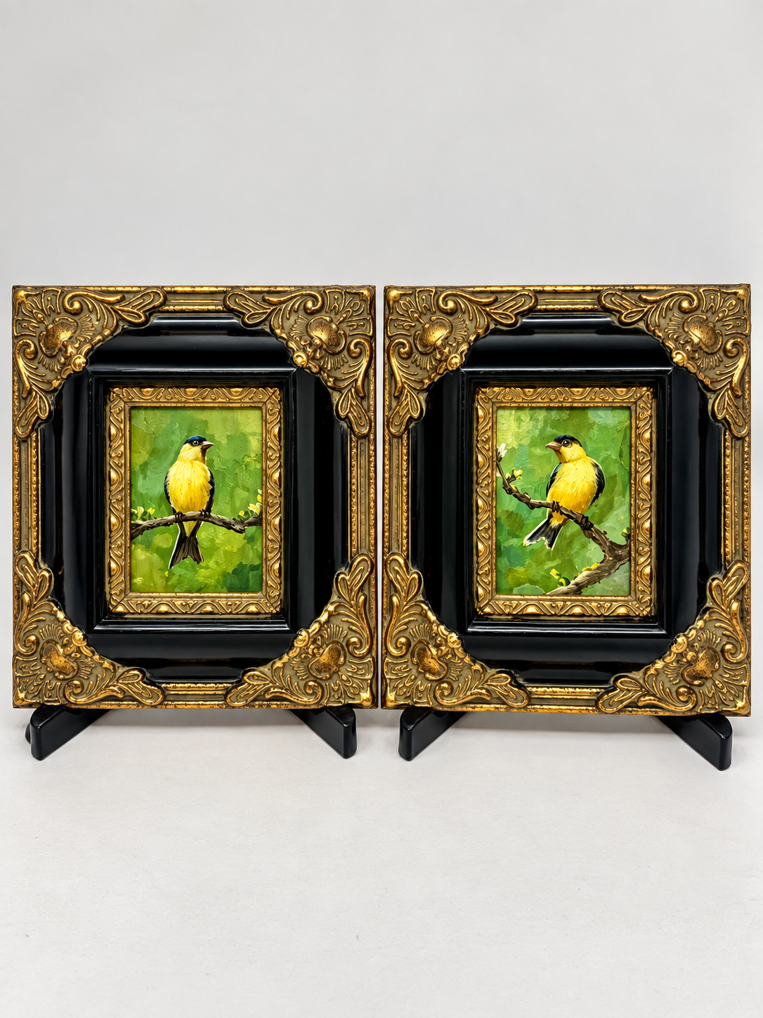 Golden Songbirds | Pair of Framed Bird Oil Paintings | $250 Pair / $150 Each