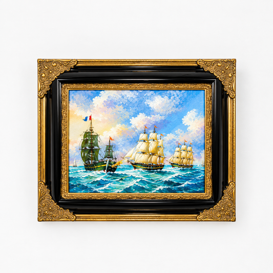Sailing Ships at Sea Oil Painting in Decorative Black & Gold Frame