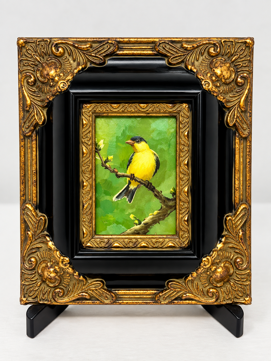 Golden Songbirds | Pair of Framed Bird Oil Paintings | $250 Pair / $150 Each